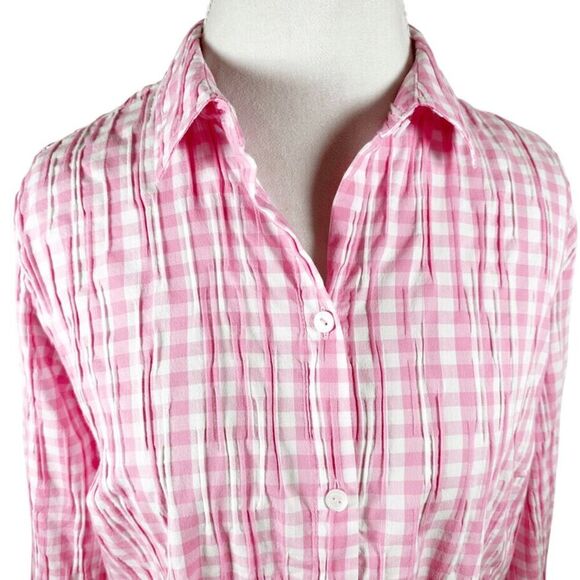 Foxcroft Pink Gingham Pucker Button Shirt 3/4 Sleeves Easy Fit Summer Size 14 - Picture 5 of 10